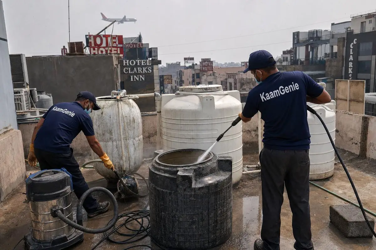 KaamGenie crew cleaning a commercial water tank in Mahipalpur, Delhi