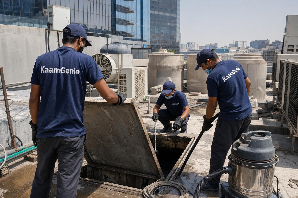 KaamGenie crew cleaning a commercial water tank in Nehru Place, Delhi
