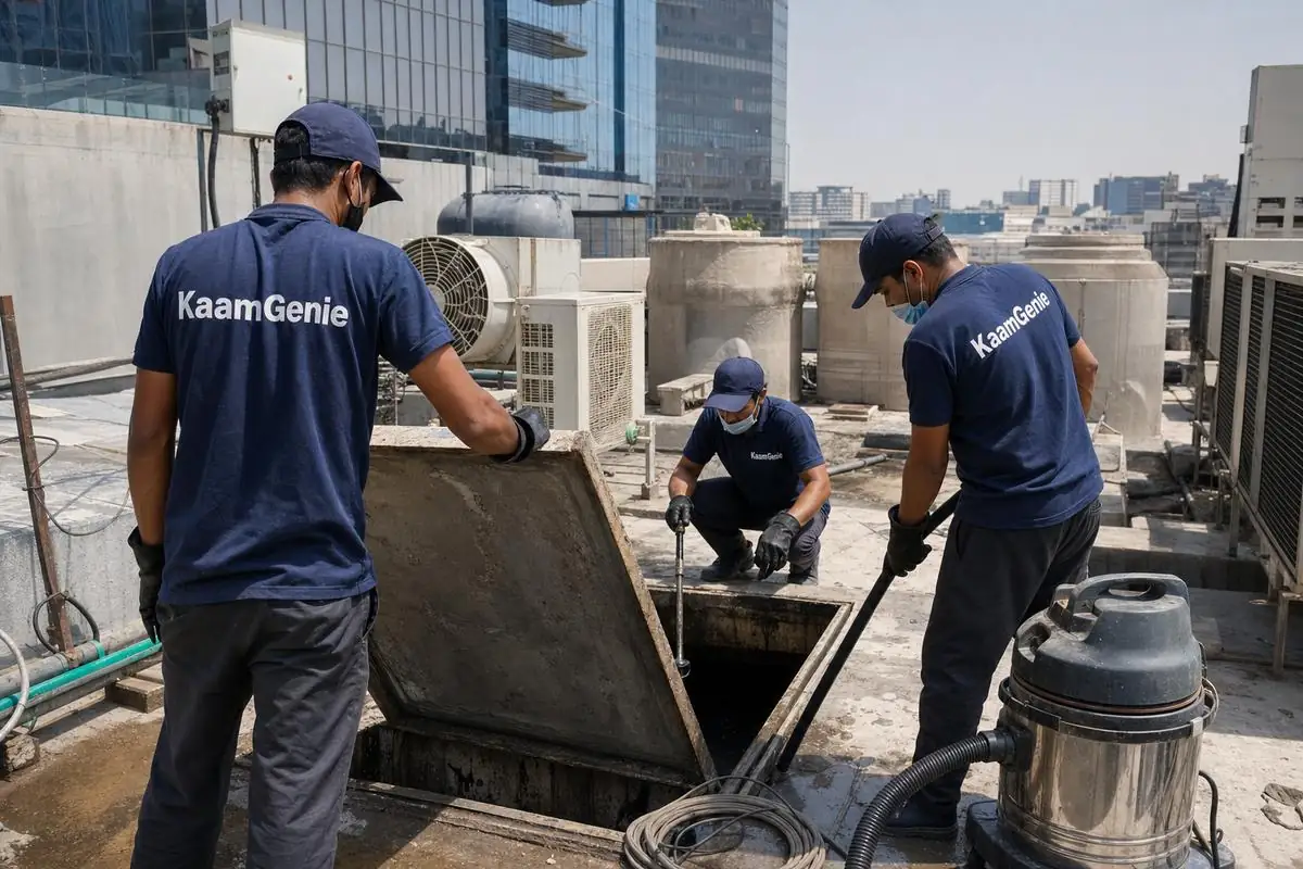 KaamGenie crew cleaning a commercial water tank in Nehru Place, Delhi