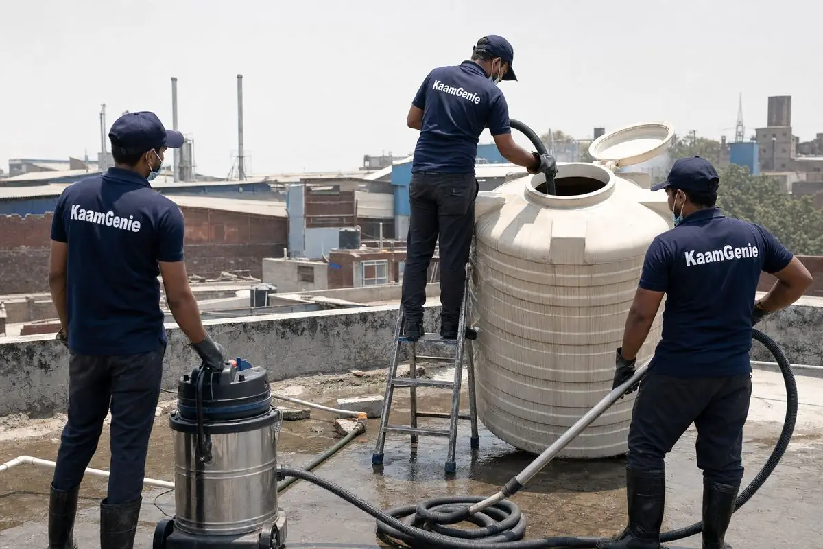 KaamGenie crew cleaning a commercial water tank in Okhla Phase 1, Delhi