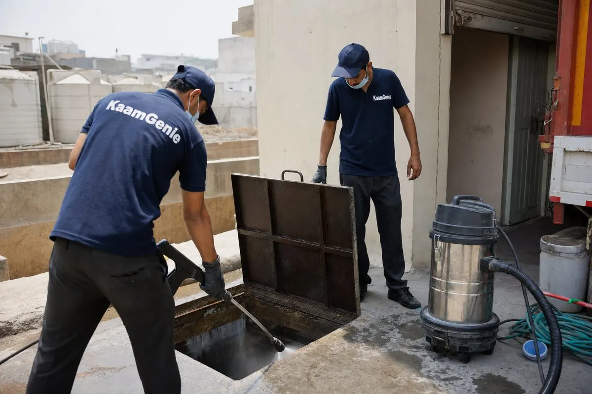 KaamGenie crew cleaning a commercial water tank in Okhla Phase 2, Delhi