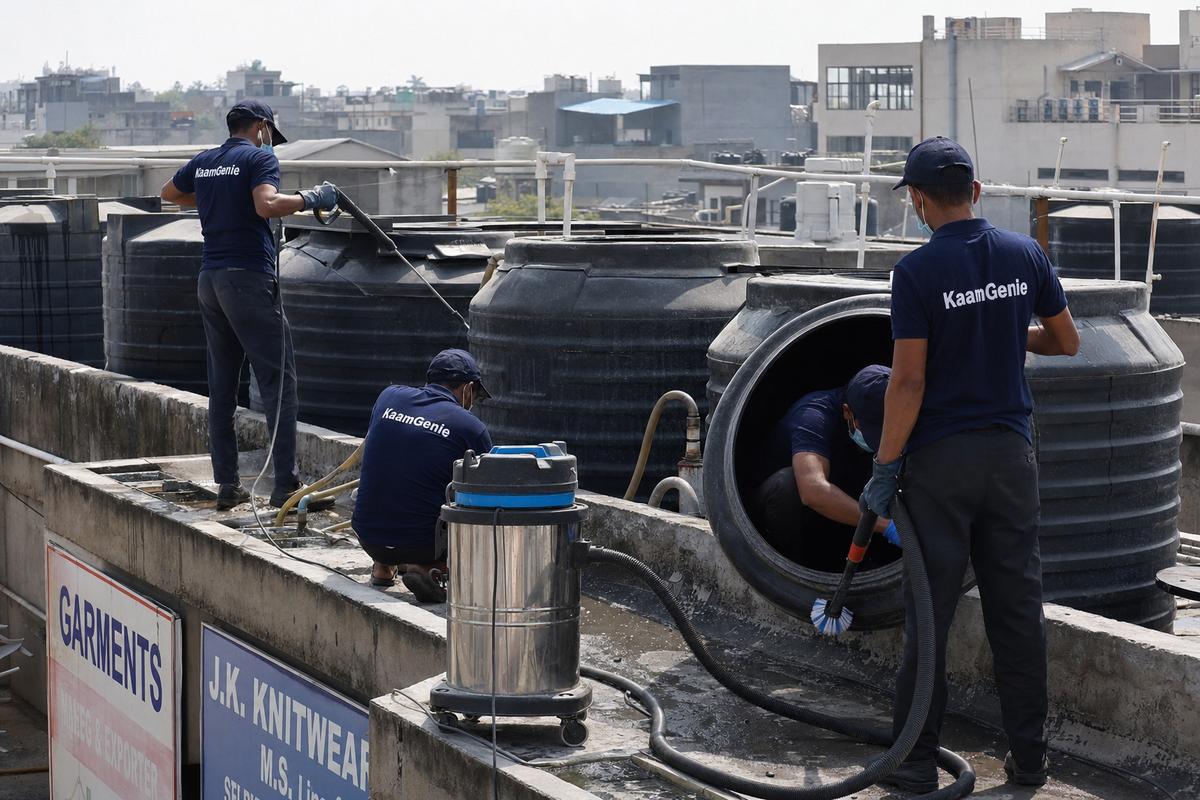 KaamGenie crew cleaning a commercial water tank in Okhla Phase 3, Delhi