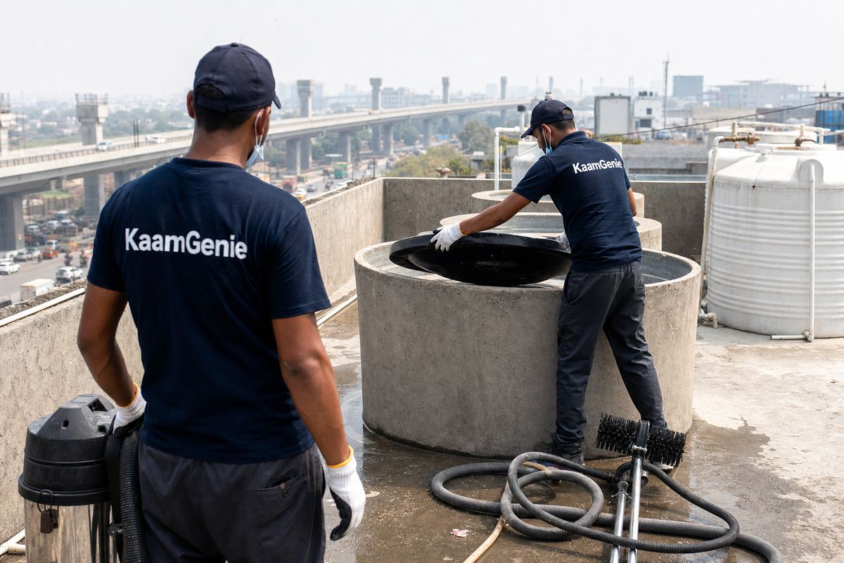 KaamGenie crew cleaning a commercial water tank in Rangpuri, Delhi