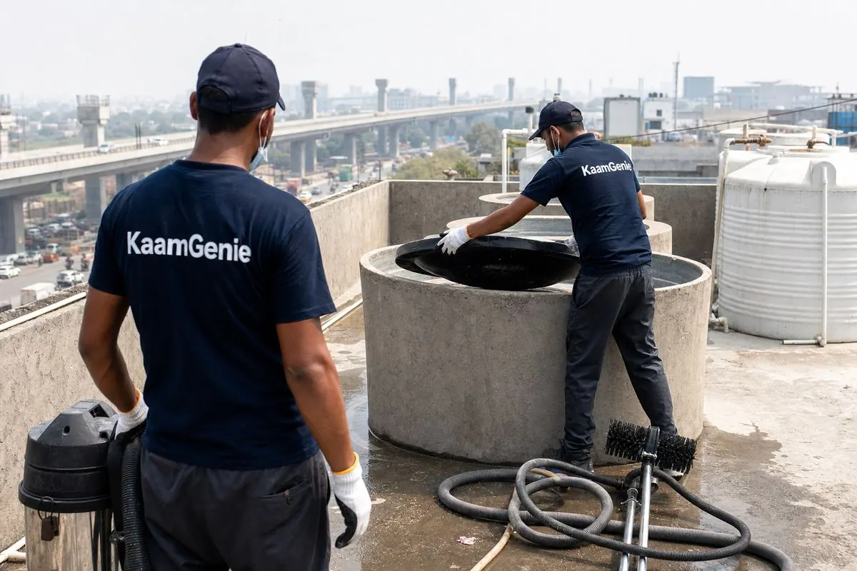 KaamGenie crew cleaning a commercial water tank in Rangpuri, Delhi