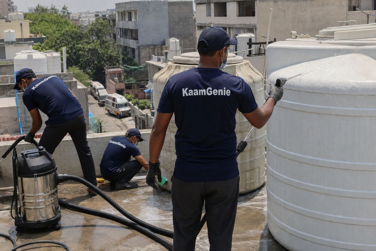 KaamGenie crew cleaning a commercial water tank in Sarita Vihar, Delhi