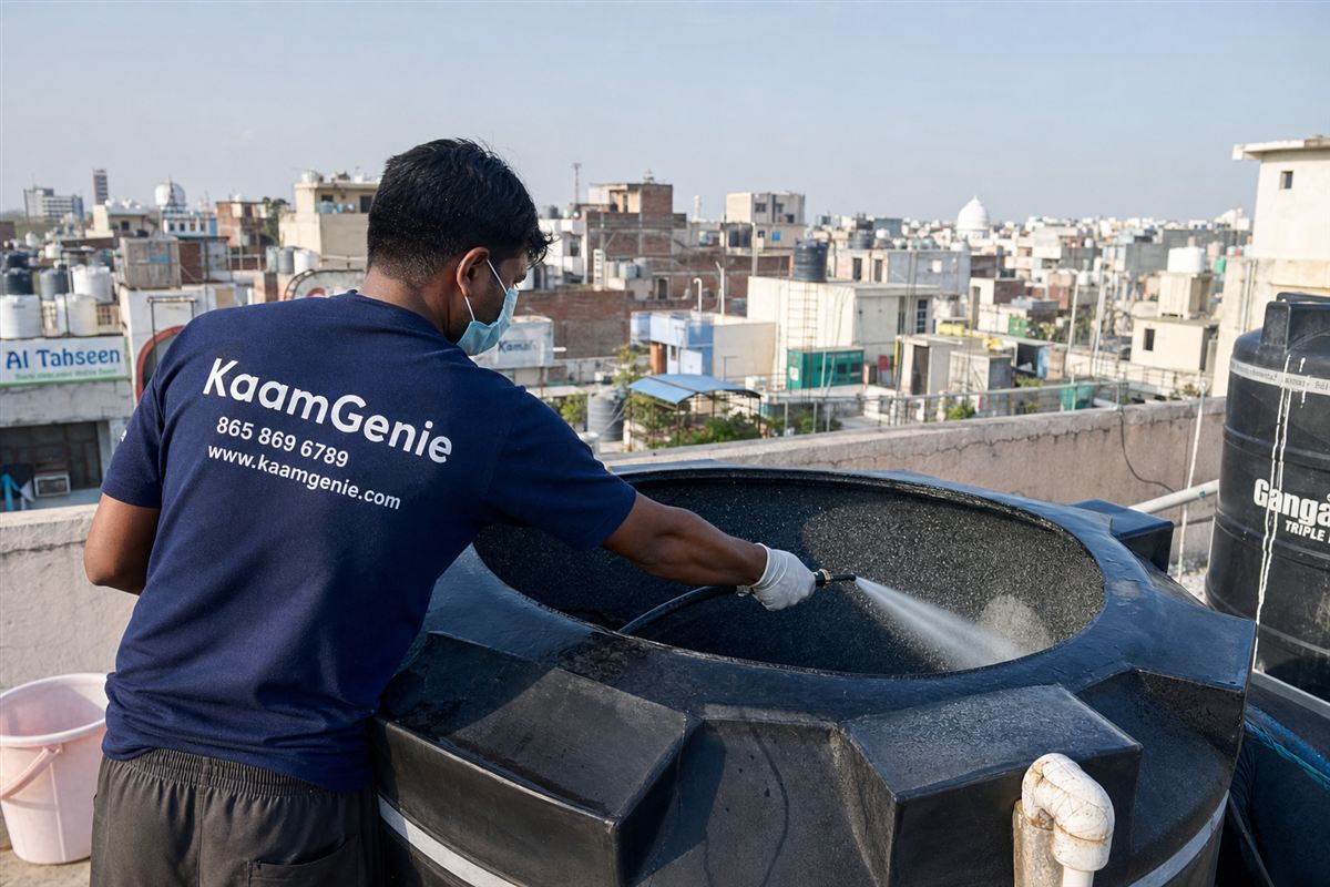 KaamGenie crew cleaning a overhead (rooftop) tank in Abul Fazal Enclave, Delhi