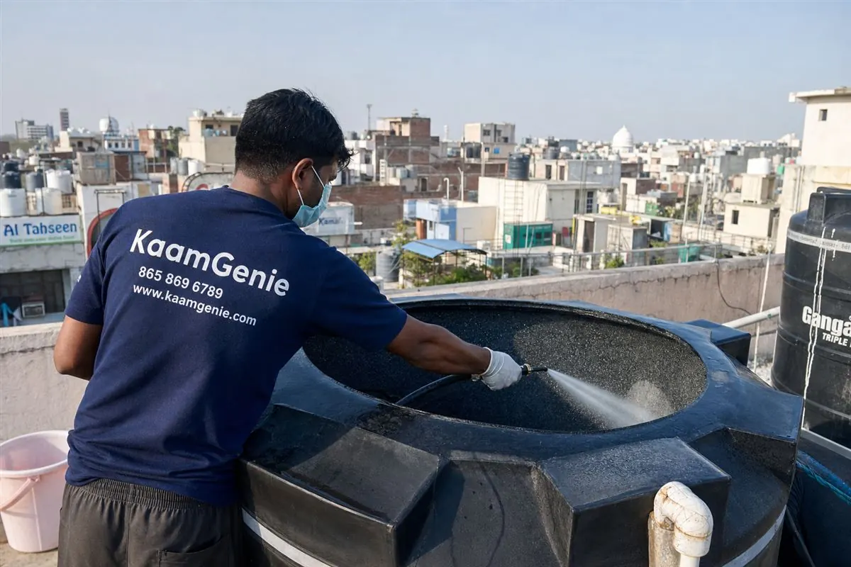 KaamGenie crew cleaning a overhead (rooftop) tank in Abul Fazal Enclave, Delhi