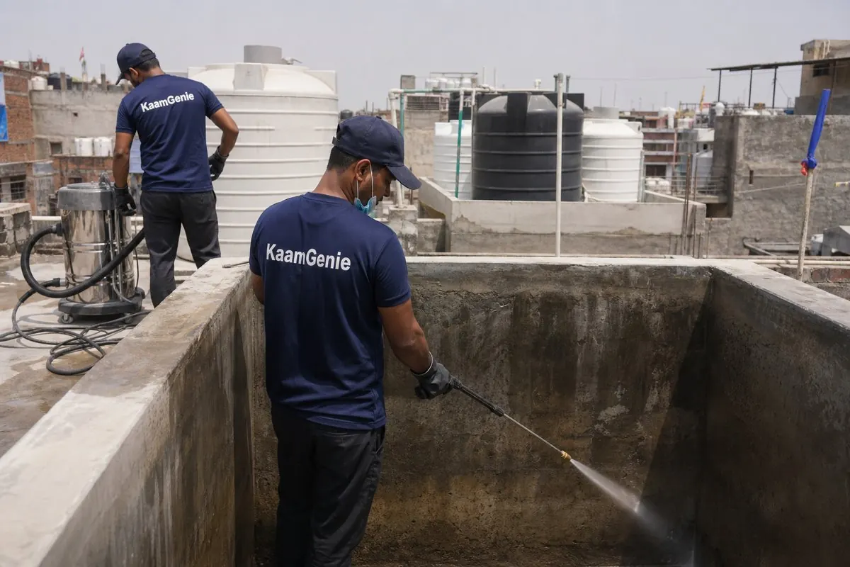 KaamGenie crew cleaning a overhead (rooftop) tank in Adchini, Delhi