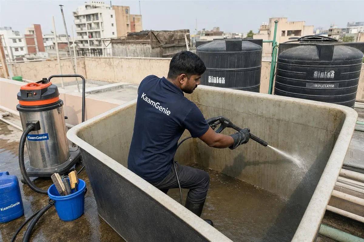 KaamGenie crew cleaning a overhead (rooftop) tank in Andrewsganj, Delhi