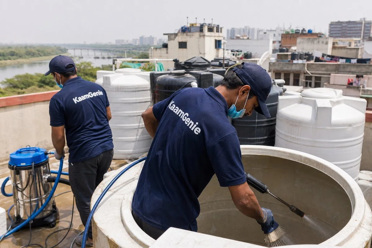 KaamGenie crew cleaning a overhead (rooftop) tank in Aruna Nagar (Majnu Ka Tila), Delhi