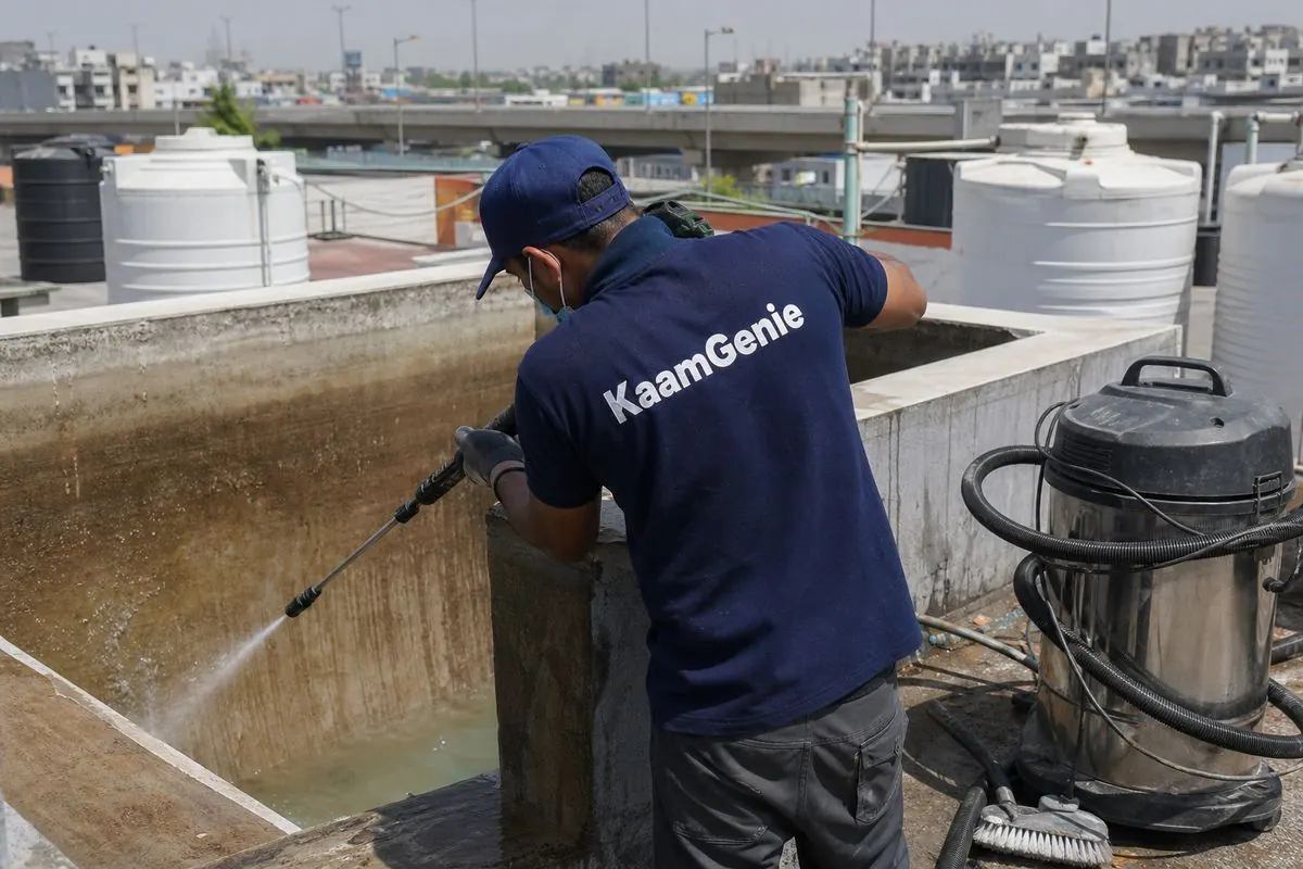 KaamGenie crew cleaning a overhead (rooftop) tank in Ashram, Delhi