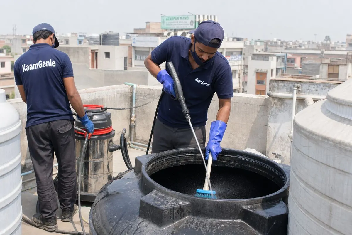 KaamGenie crew cleaning a overhead (rooftop) tank in Azadpur, Delhi