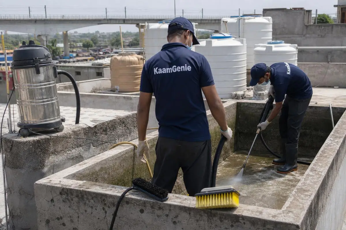 KaamGenie crew cleaning a overhead (rooftop) tank in Badarpur, Delhi