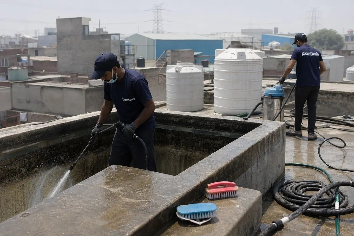 KaamGenie crew cleaning a overhead (rooftop) tank in Badli, Delhi