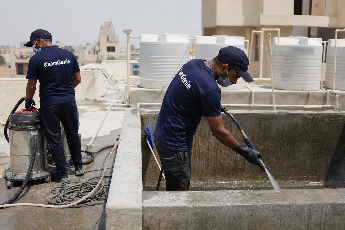 KaamGenie crew cleaning a overhead (rooftop) tank in Bakkarwala, Delhi