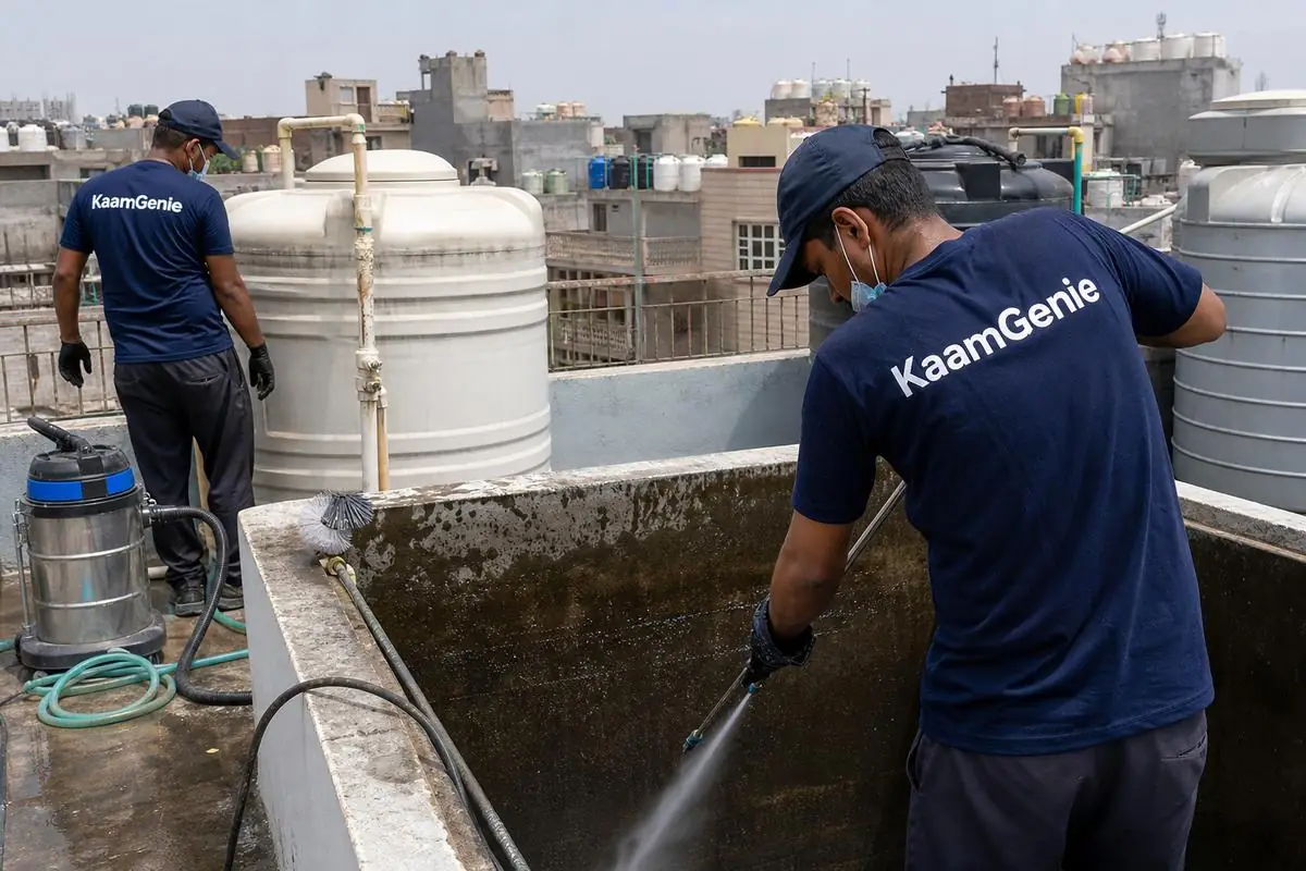 KaamGenie crew cleaning a overhead (rooftop) tank in Baratooti (Sadar Bazar), Delhi