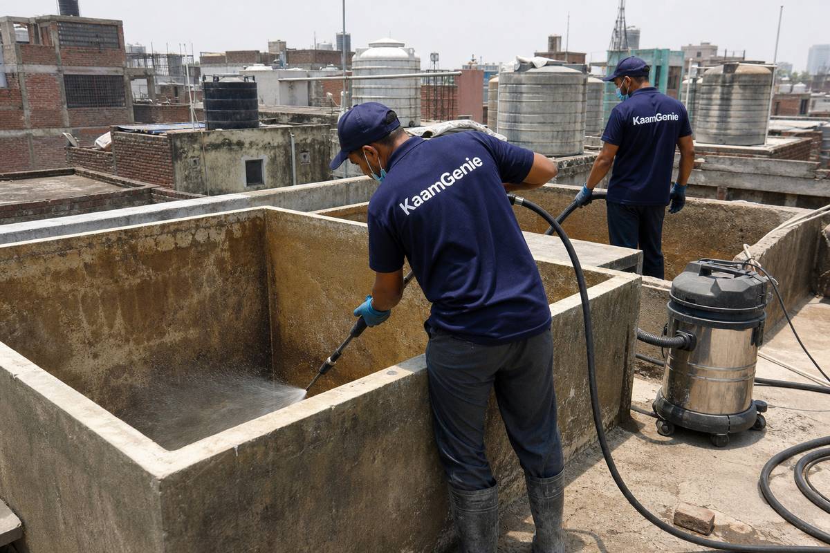 KaamGenie crew cleaning a overhead (rooftop) tank in Brahampuri, Delhi