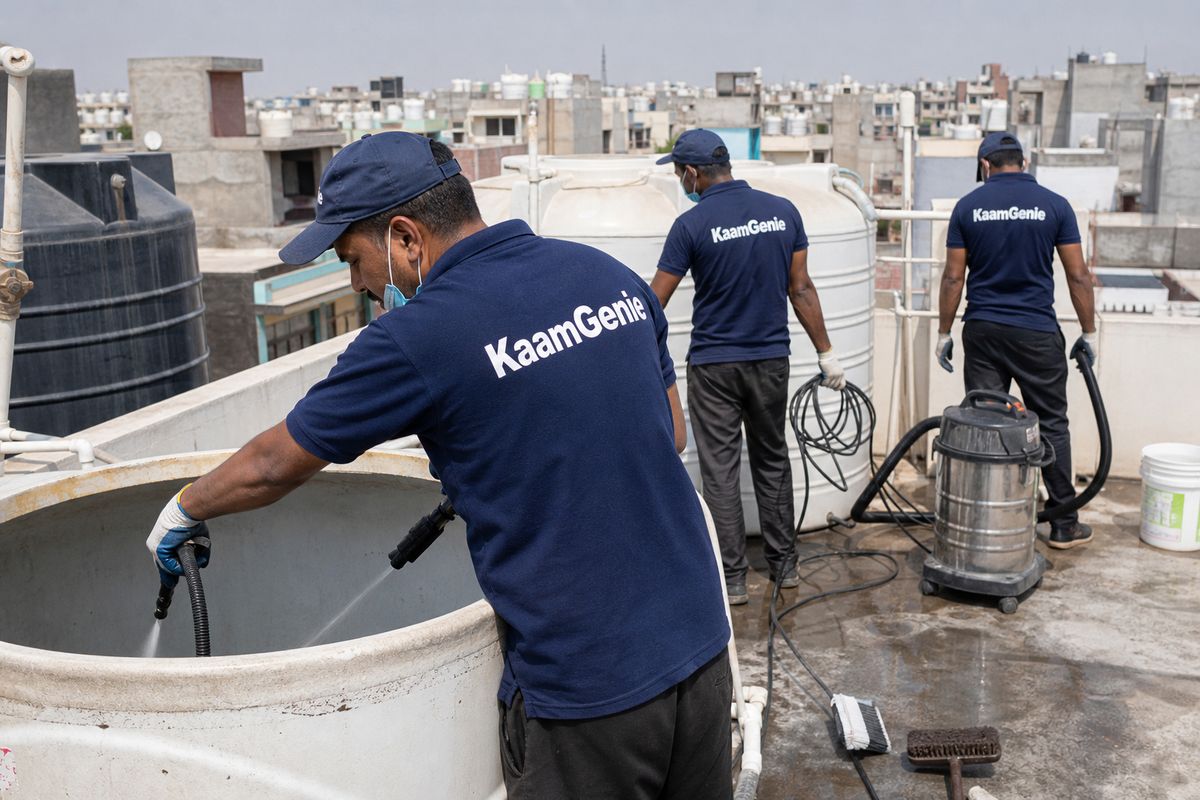 KaamGenie crew cleaning a overhead (rooftop) tank in Chand Nagar, Delhi