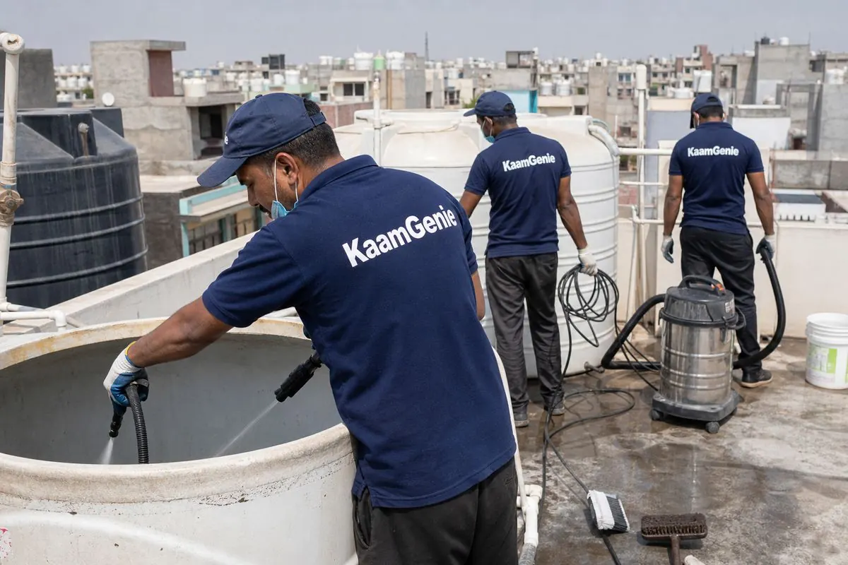 KaamGenie crew cleaning a overhead (rooftop) tank in Chand Nagar, Delhi