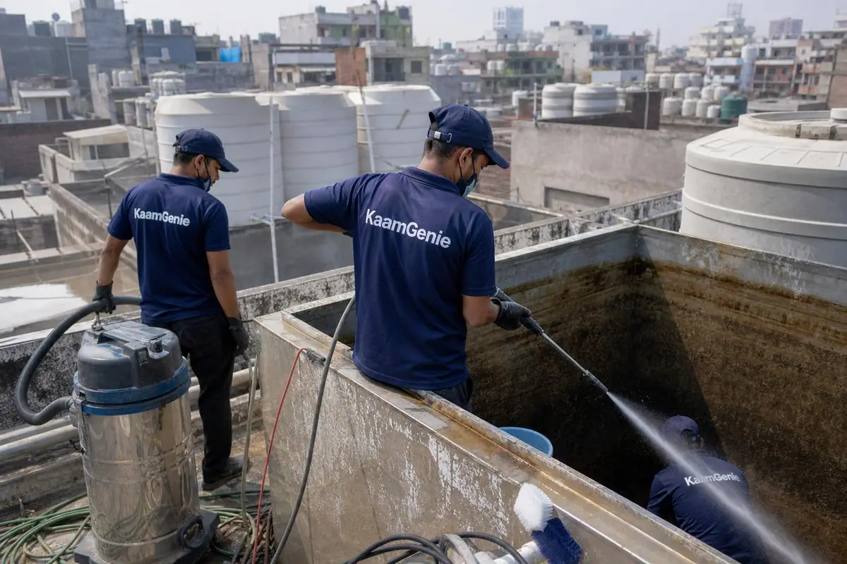 KaamGenie crew cleaning a overhead (rooftop) tank in Chaukhandi, Delhi