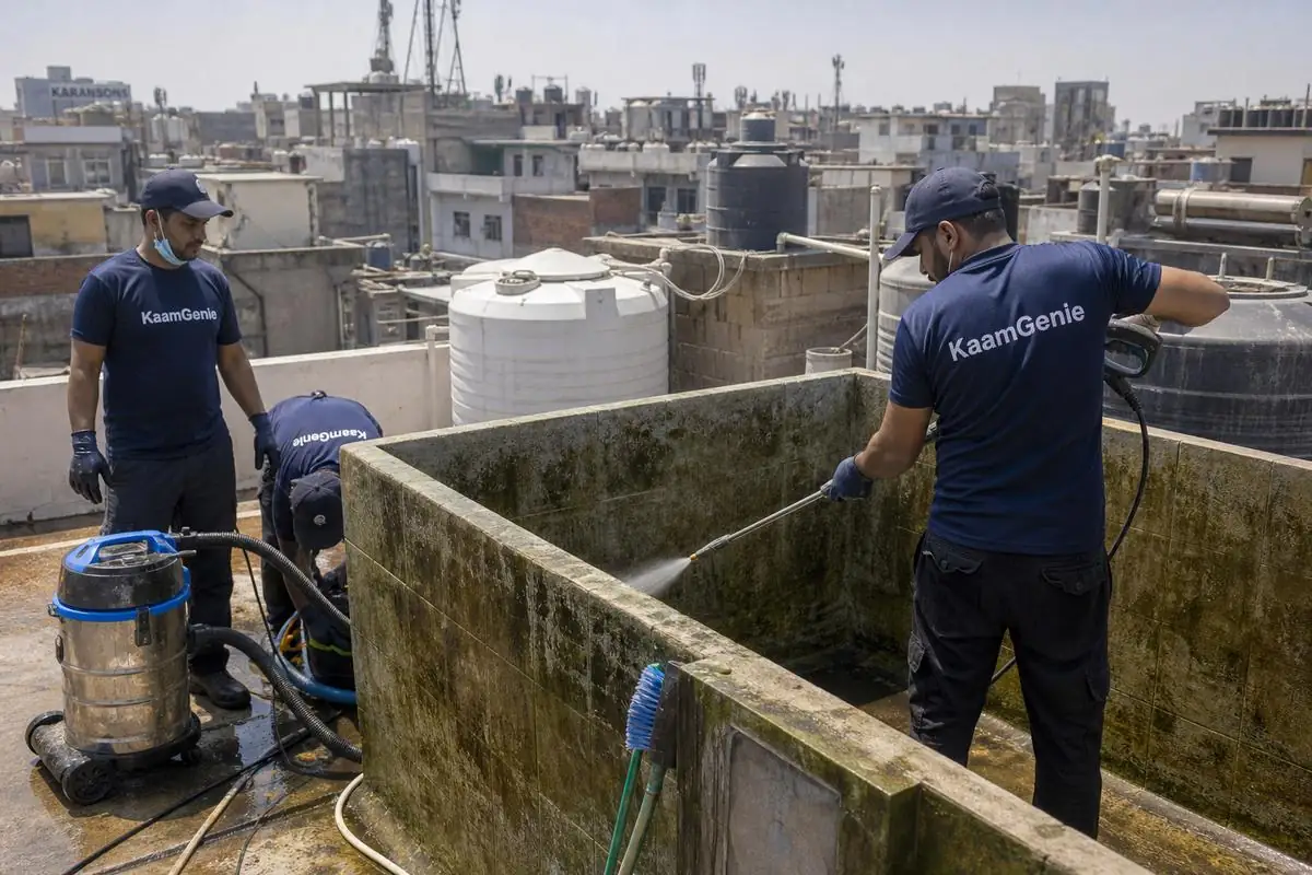 KaamGenie crew cleaning a overhead (rooftop) tank in Chawri Bazar, Delhi