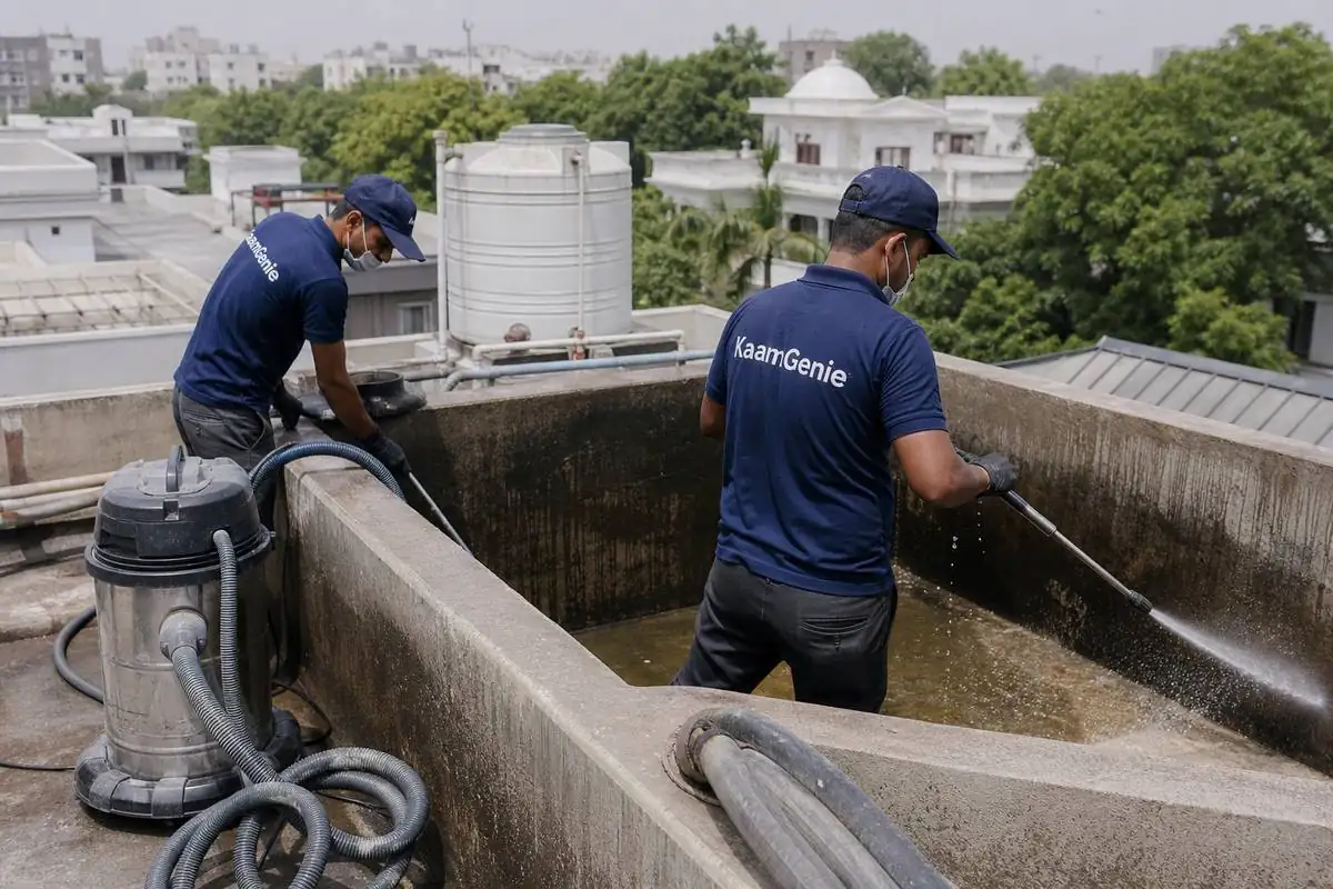 KaamGenie crew cleaning a overhead (rooftop) tank in Civil Lines, Delhi