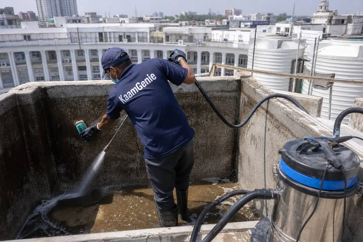 KaamGenie crew cleaning a overhead (rooftop) tank in Connaught Place, Delhi