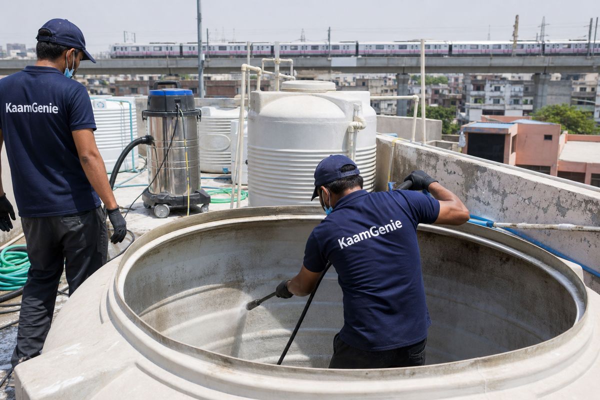KaamGenie crew cleaning a overhead (rooftop) tank in Dabri, Delhi