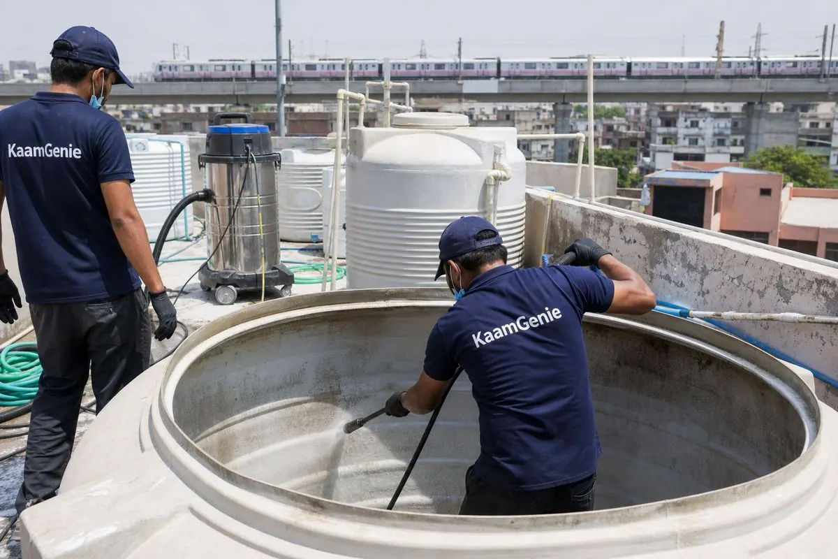 KaamGenie crew cleaning a overhead (rooftop) tank in Dabri, Delhi