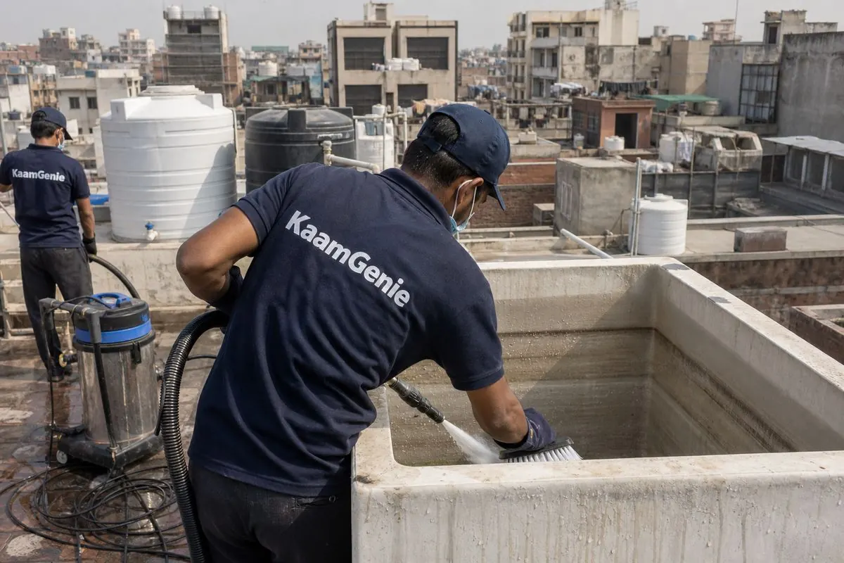 KaamGenie crew cleaning a overhead (rooftop) tank in Dareeba (Kinari Bazar), Delhi