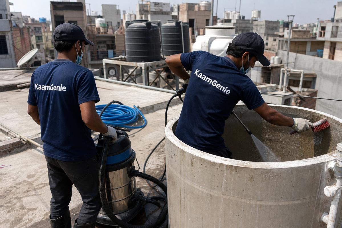 KaamGenie crew cleaning a overhead (rooftop) tank in Dashrath Puri, Delhi