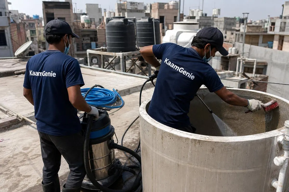 KaamGenie crew cleaning a overhead (rooftop) tank in Dashrath Puri, Delhi