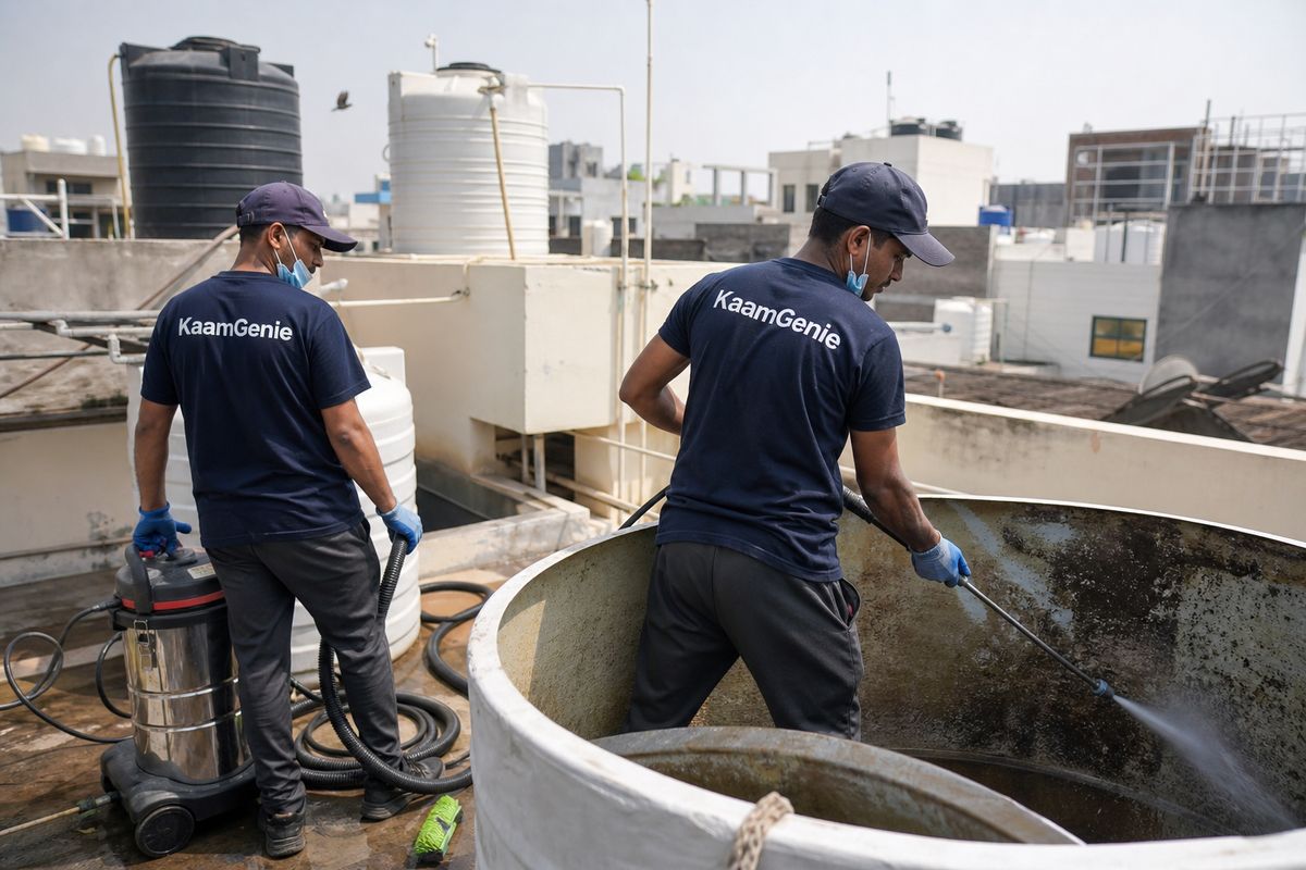 KaamGenie crew cleaning a overhead (rooftop) tank in Dayalpur, Delhi