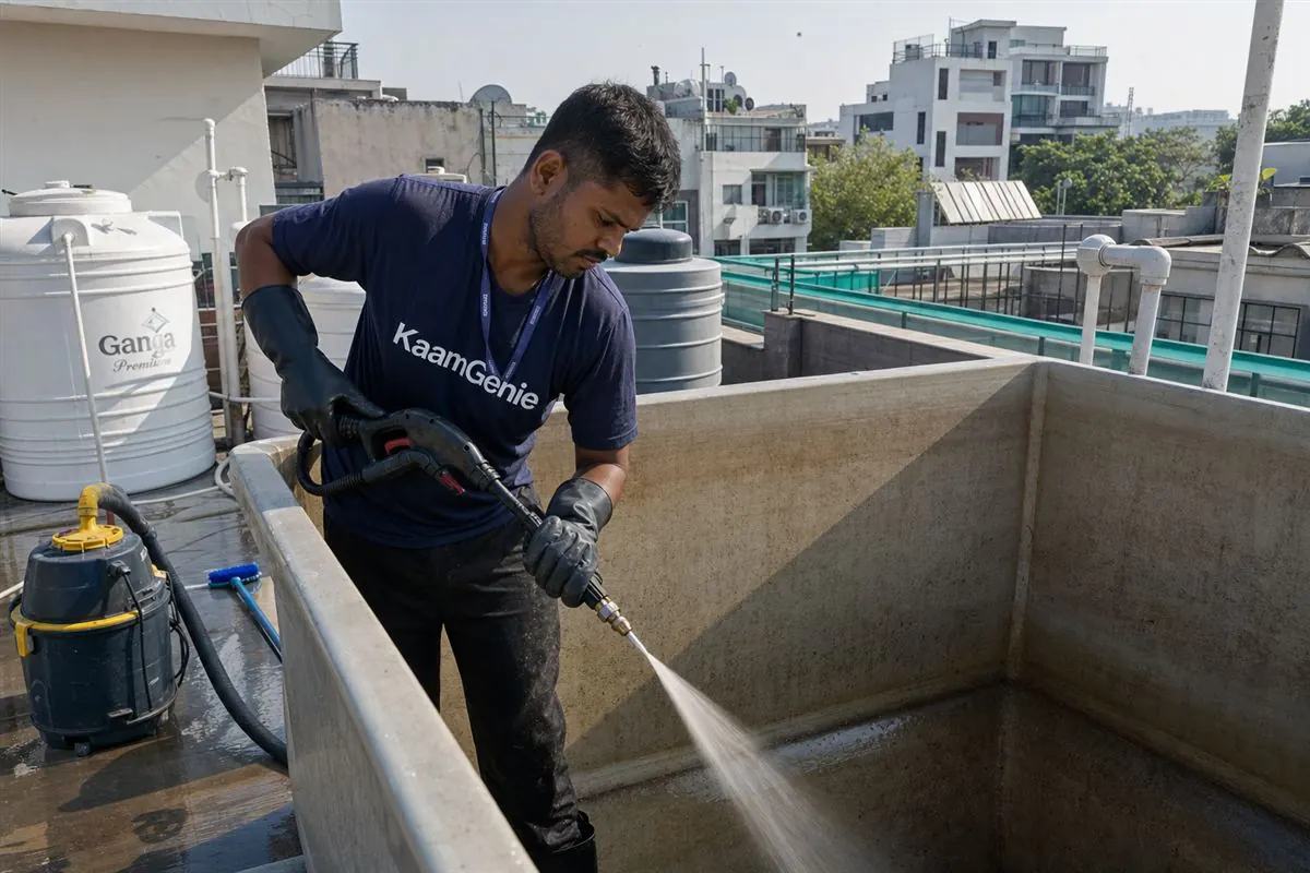 KaamGenie crew cleaning a overhead (rooftop) tank in Defence Colony, Delhi
