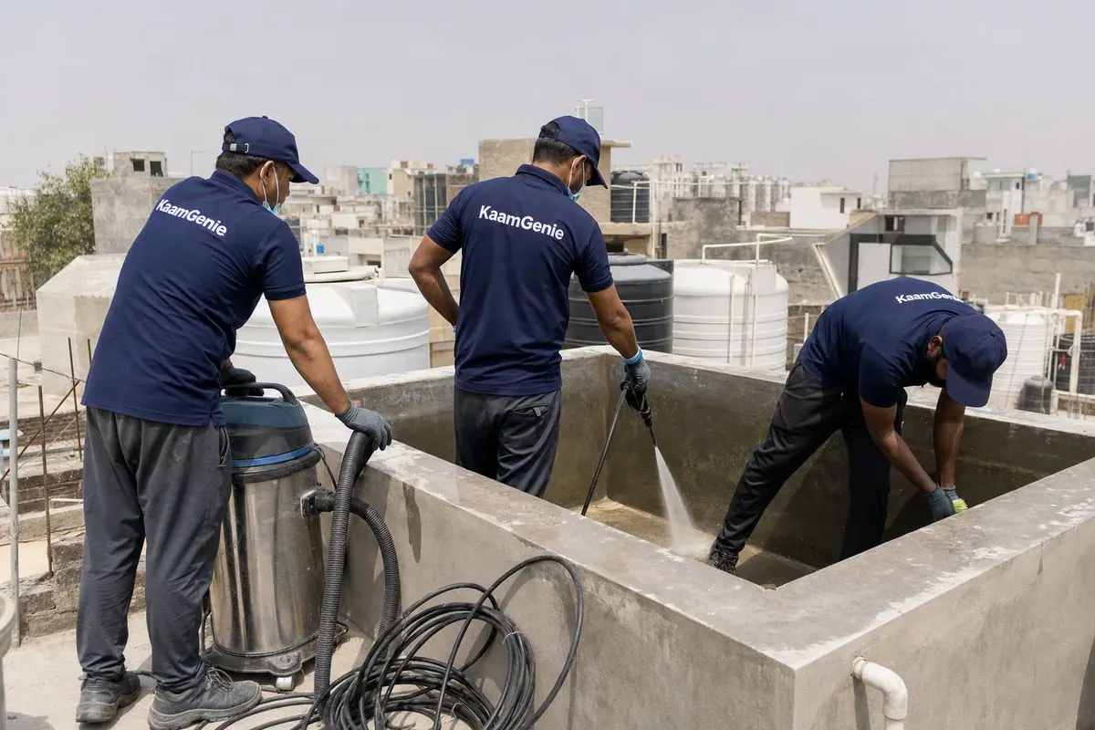 KaamGenie crew cleaning a overhead (rooftop) tank in Dera Mandi, Delhi