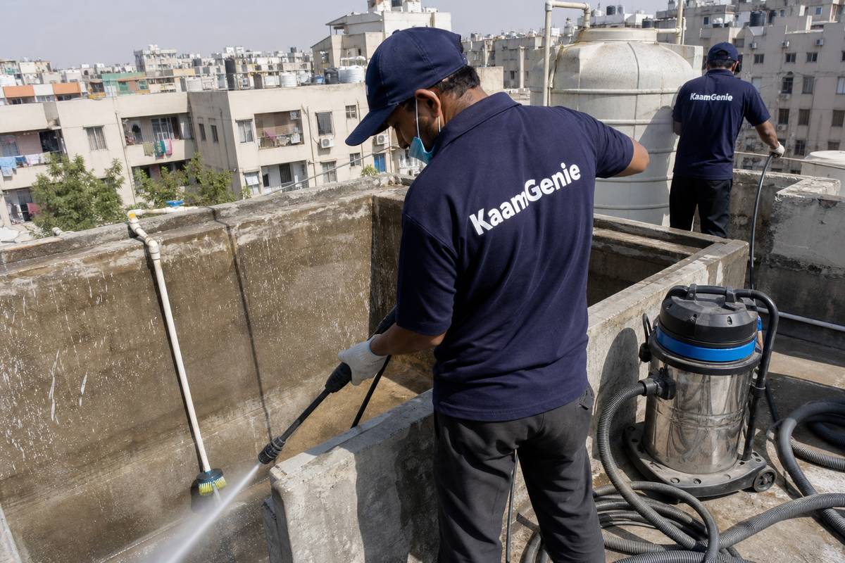 KaamGenie crew cleaning a overhead (rooftop) tank in Dilshad Garden, Delhi