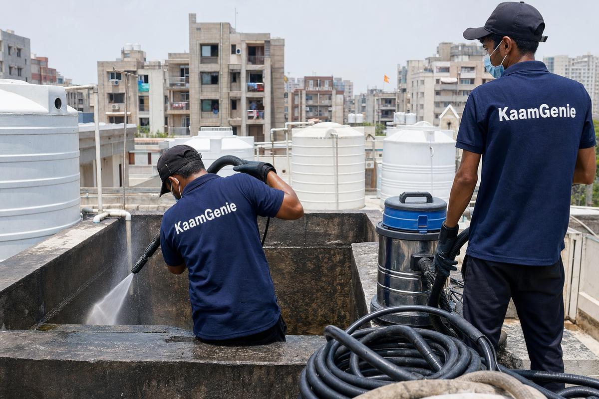 KaamGenie crew cleaning a overhead (rooftop) tank in Dwarka Sector 10, Delhi