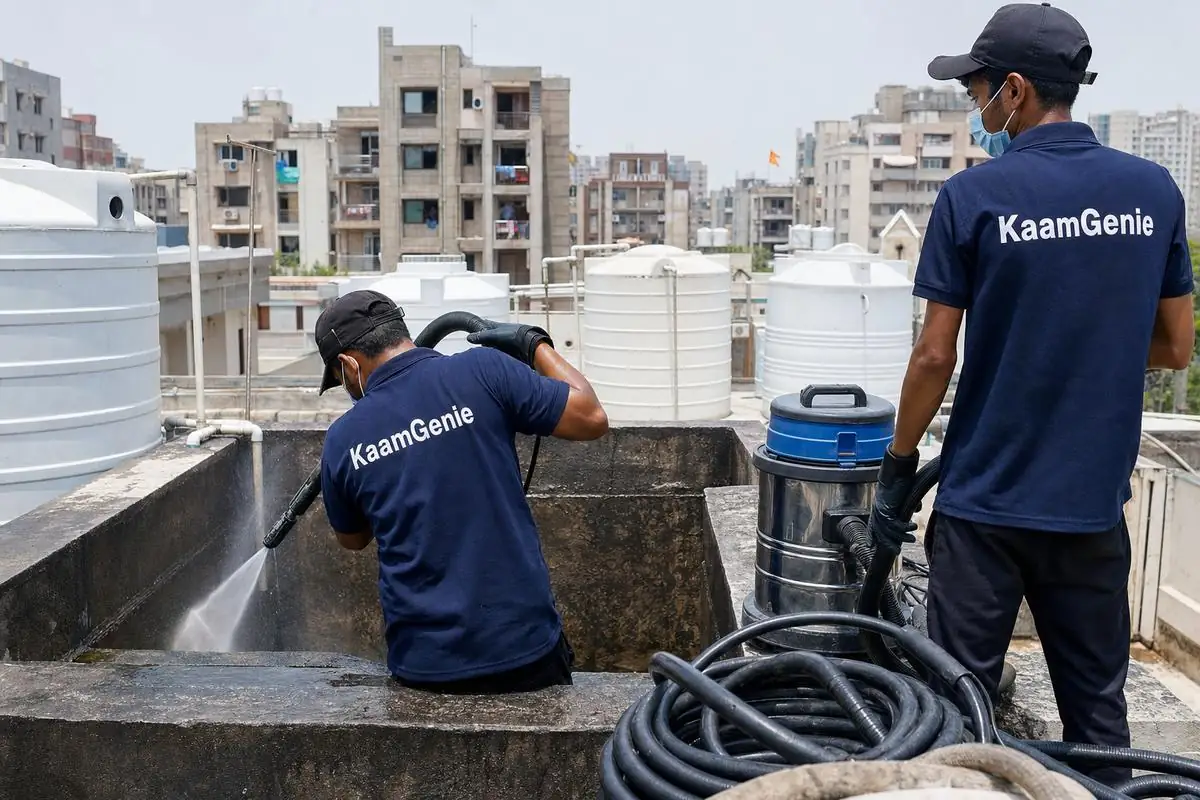 KaamGenie crew cleaning a overhead (rooftop) tank in Dwarka Sector 10, Delhi