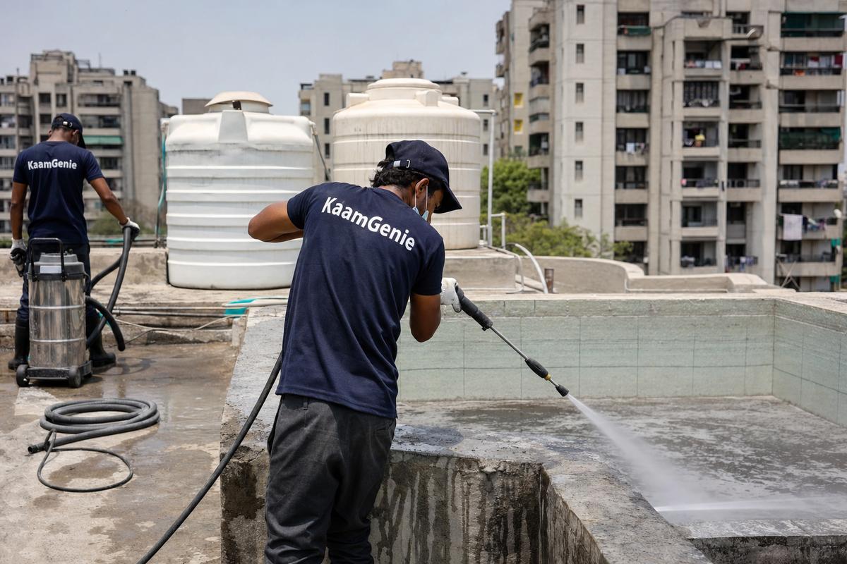 KaamGenie crew cleaning a overhead (rooftop) tank in Dwarka Sector 16, Delhi