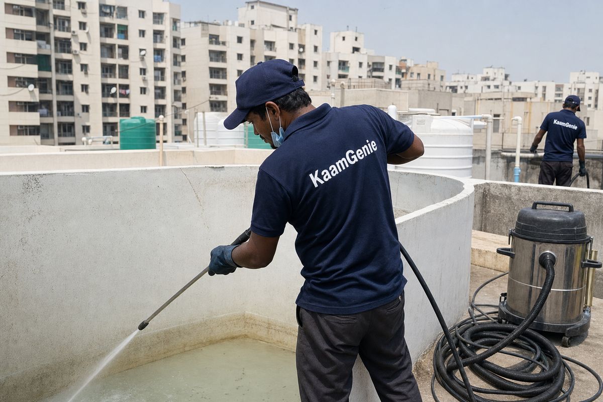 KaamGenie crew cleaning a overhead (rooftop) tank in Dwarka Sector 21, Delhi