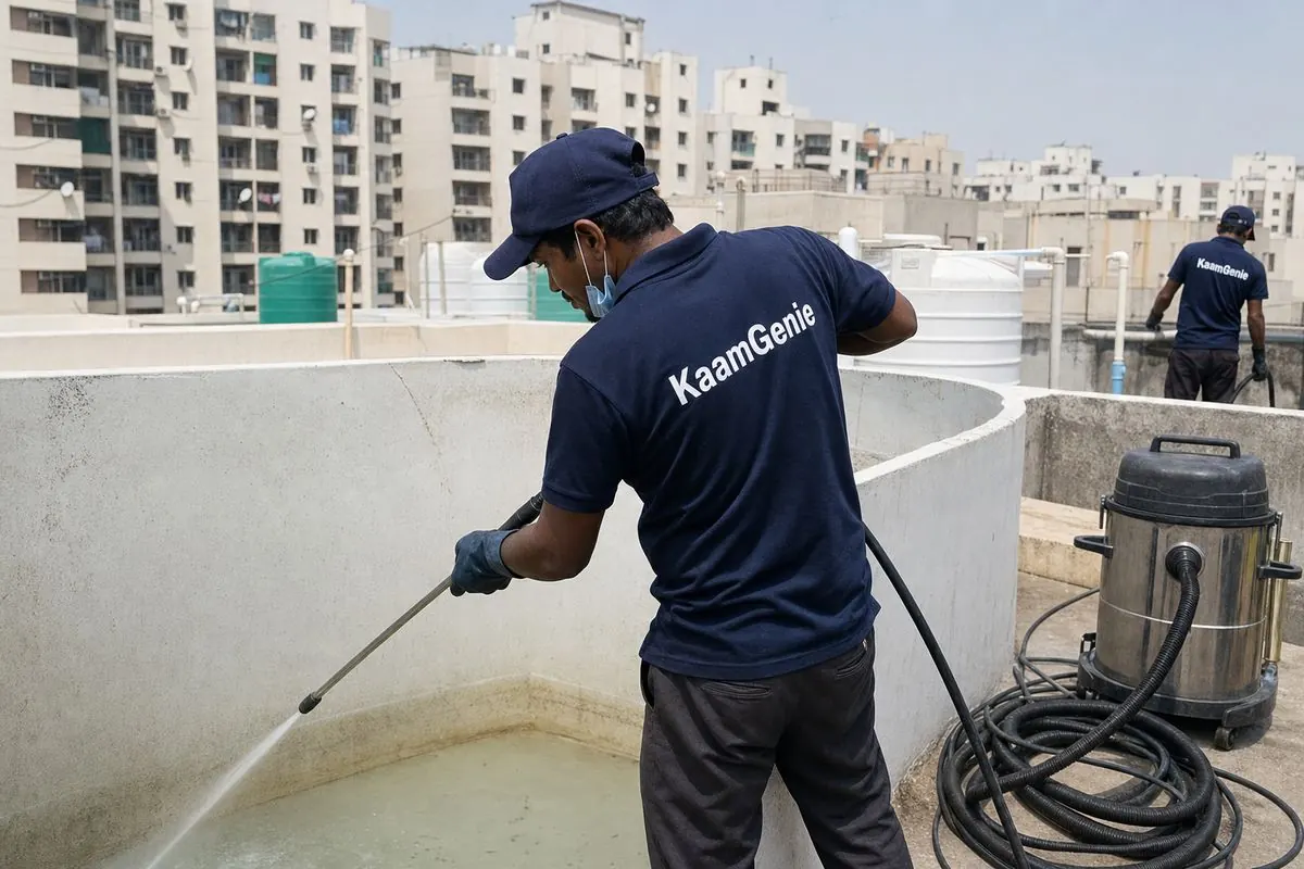 KaamGenie crew cleaning a overhead (rooftop) tank in Dwarka Sector 21, Delhi
