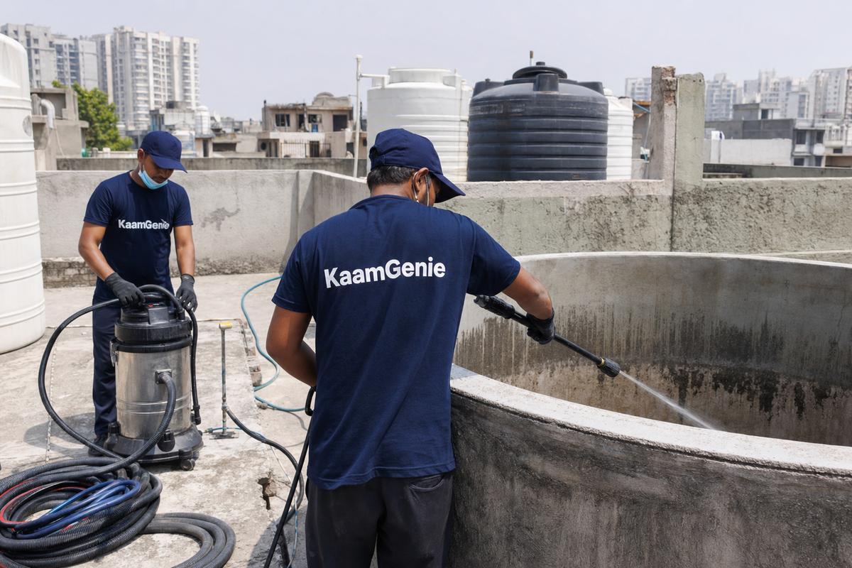 KaamGenie crew cleaning a overhead (rooftop) tank in Dwarka Sector 25, Delhi