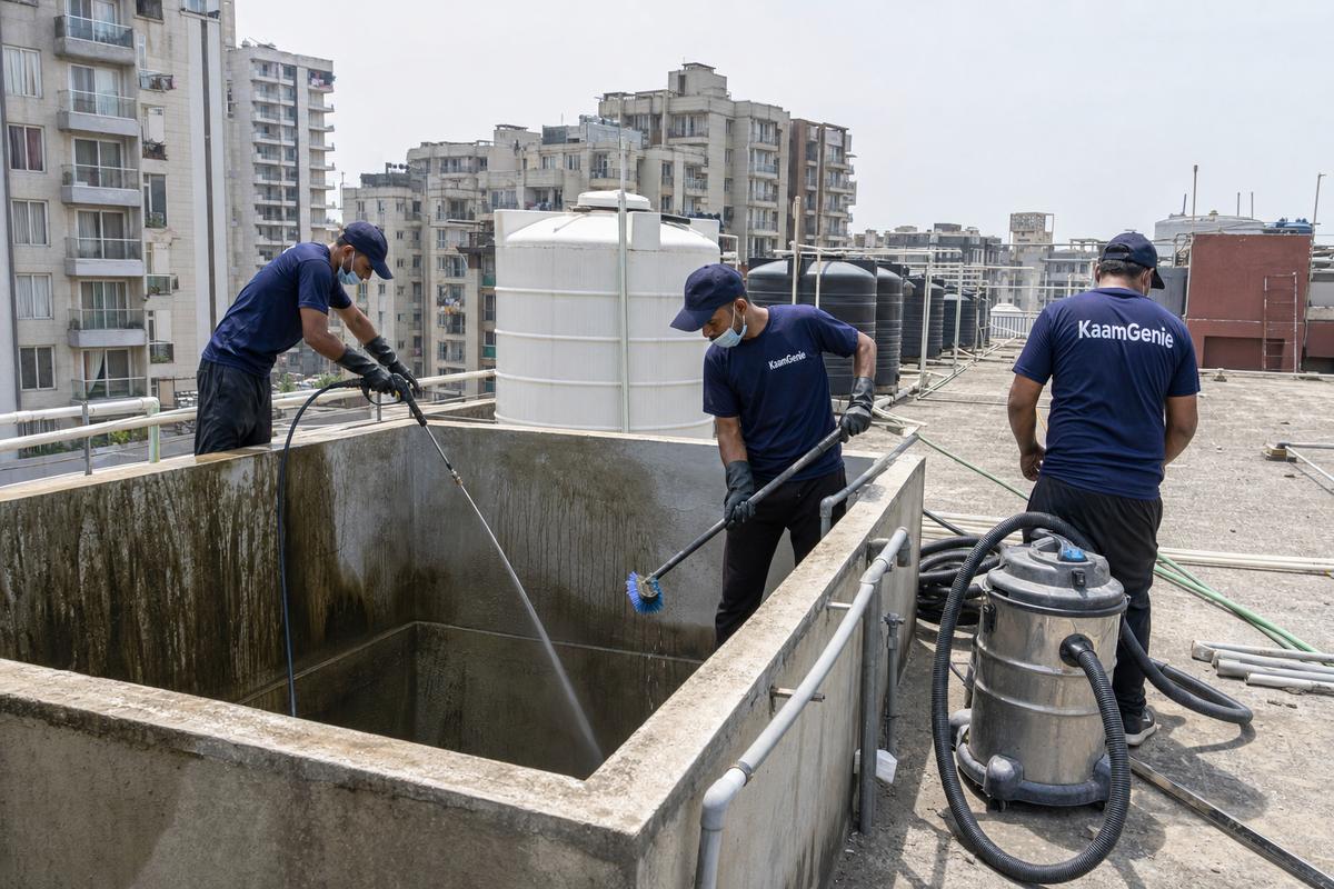 KaamGenie crew cleaning a overhead (rooftop) tank in Dwarka Sector 26, Delhi