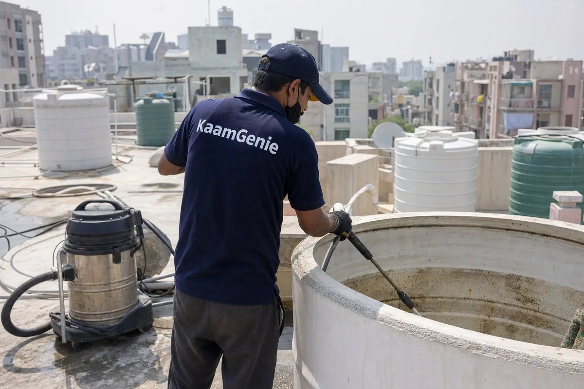 KaamGenie crew cleaning a overhead (rooftop) tank in Dwarka Sector 3, Delhi