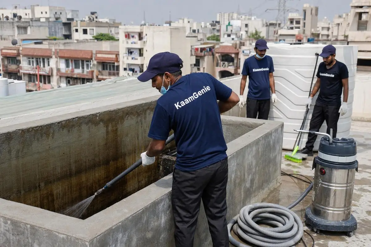KaamGenie crew cleaning a overhead (rooftop) tank in Dwarka Sector 5, Delhi