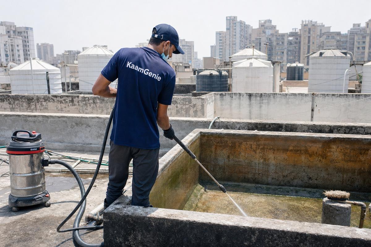 KaamGenie crew cleaning a overhead (rooftop) tank in Dwarka Sector 8, Delhi