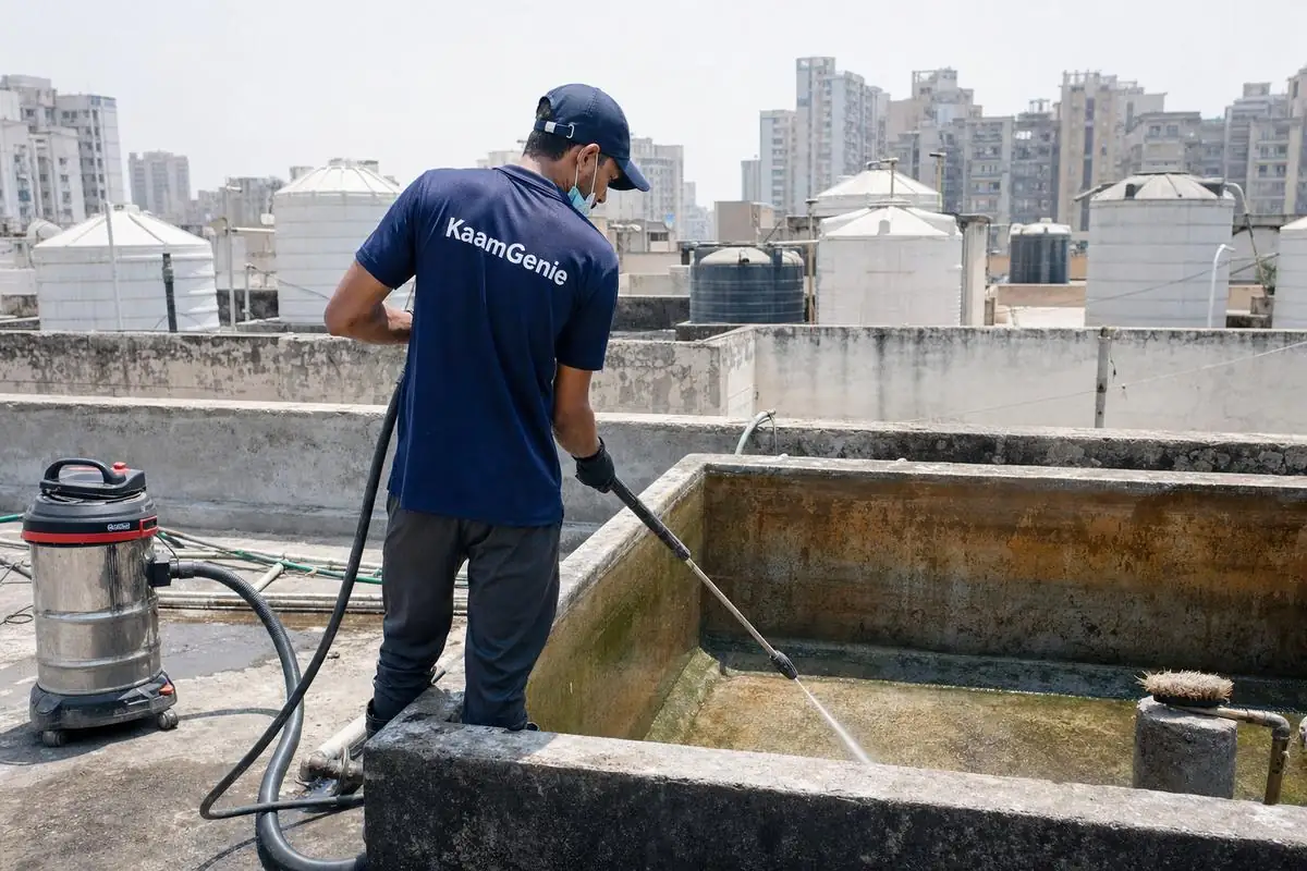 KaamGenie crew cleaning a overhead (rooftop) tank in Dwarka Sector 8, Delhi
