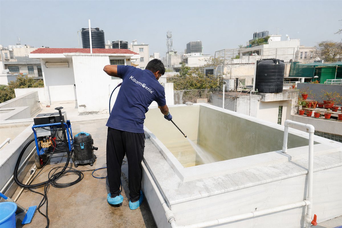 KaamGenie crew cleaning a overhead (rooftop) tank in Friends Colony, Delhi
