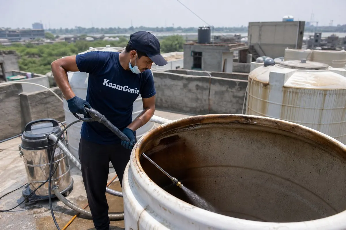 KaamGenie crew cleaning a overhead (rooftop) tank in Garhi Mandu, Delhi