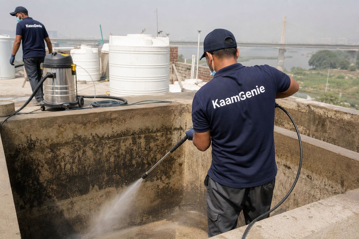 KaamGenie crew cleaning a overhead (rooftop) tank in Geeta Colony, Delhi